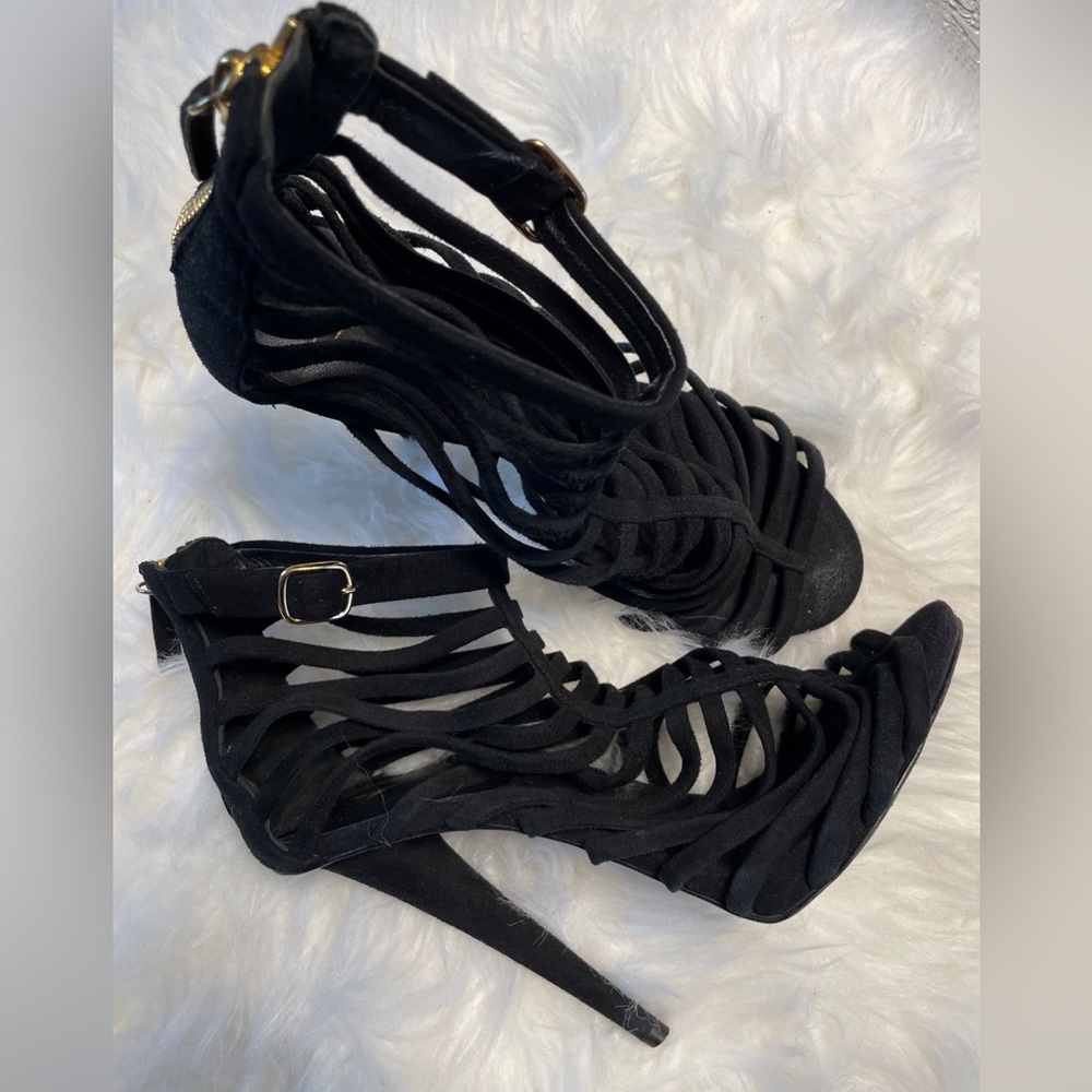 Ankle strap black Zanotti  high heels with gold  zip at the back size 7.5
